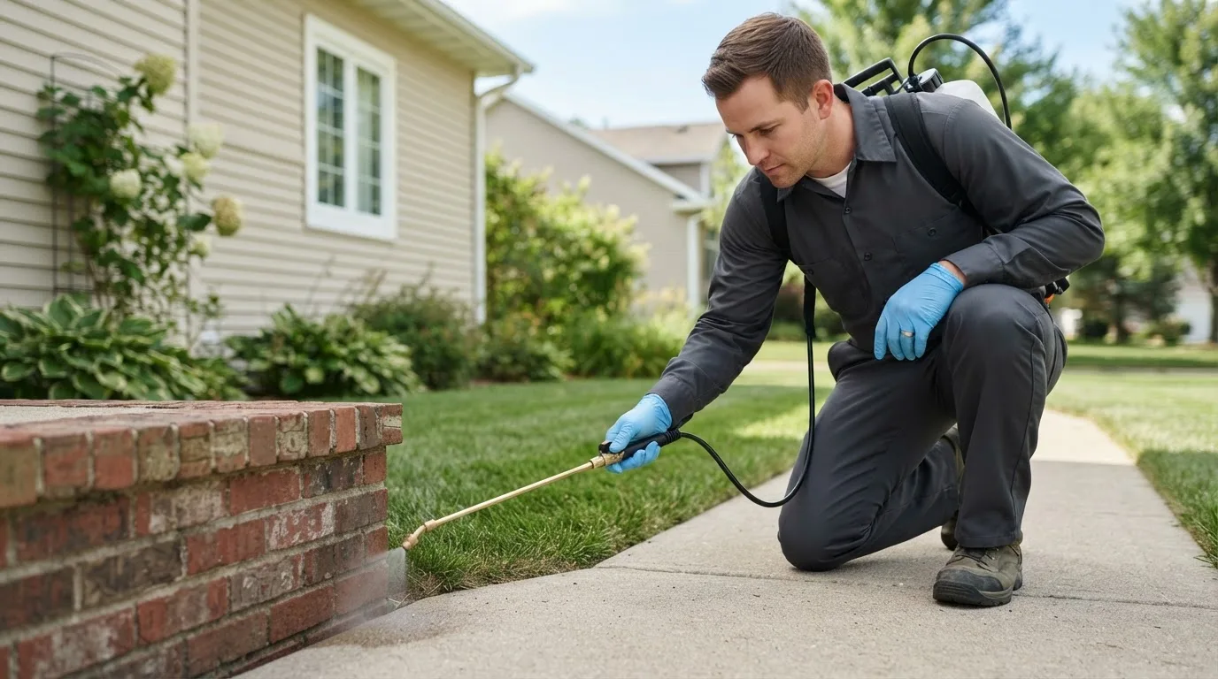 Pest control technician treating a home near Mchenry, IL